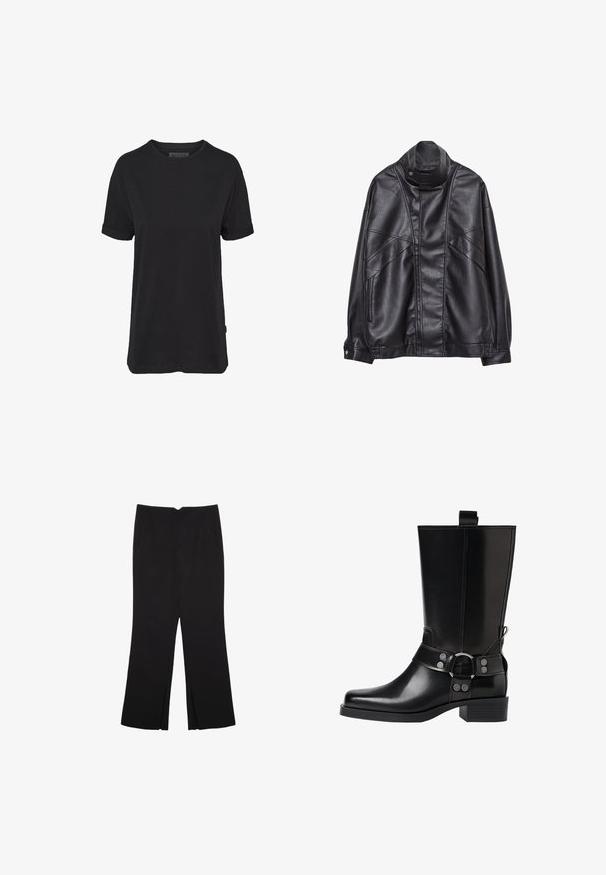 Svart läderjacka med hög krage och tryckknapp, fickor med dragkedja på sidorna och detaljerad sömnad på framsidan och ärmarna.; Svart bomullströja med korta ärmar, rund halsringning och uppvikt fåll; har en diskret varumärkesetikett på sidan av fållen.; Svarta byxor med rak passform, utrustade med framfickor och sidoklyvningar vid fållen. Tillverkade av mjukt, slätt tyg. Lämpliga för olika tillfällen.; Svart läderknähöga stövlar med spetsig tå, silverfärgade spännen och klumpig klack. Har en dragflik för enkel påtagning.