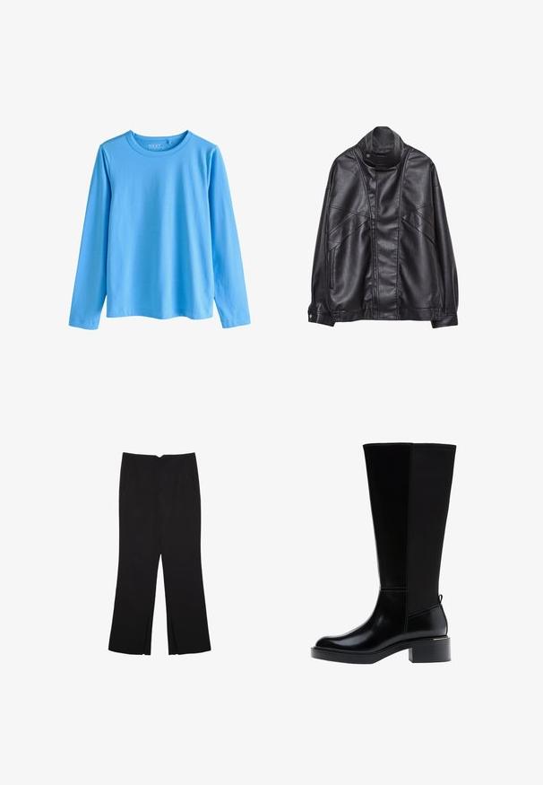 Giacca in pelle nera con collo alto e bottone a scatto, tasche con zip sui lati e cuciture dettagliate sul davanti e sulle maniche.; Maglietta blu a manica lunga realizzata in morbido cotone. Presenta una scollatura rotonda e un taglio dritto con orli cuciti e senza motivi.; Pantaloni neri a gamba dritta, con tasche frontali e spacchi laterali all'orlo. Realizzati in tessuto morbido e liscio. Adatti a diverse occasioni.; Stivale nero fino al ginocchio in pelle liscia, con evidenti cuciture, tacco spesso e pannello posteriore testurizzato per un tocco di interesse in più.