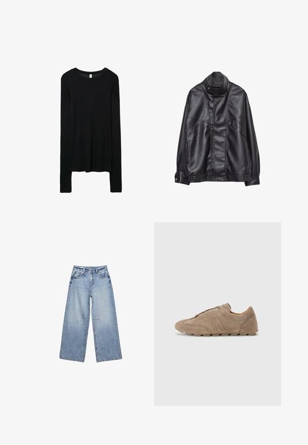 Schwarze Lederjacke mit hohem Kragen und Druckknopf, Reißverschlusstaschen an den Seiten und detaillierterStickerei an der Vorderseite sowie an den Ärmeln.; Schwarzes Langarmshirt, aus einem glatten Strickmaterial gefertigt. Rundhals, taillierte Form und langärmelig mit leicht abfallendem Saum.; Hellblaue weit geschnittene Jeans aus Denim, mit hoher Taille, fünf Taschen und sanften Verwaschungen, mit rohen Säumen.; Beige Wildlederschuhe mit niedrigem Profil, die mit gesteppten Linien und einer strukturierten Oberfläche ausgestattet sind, ergänzt durch Gummisohlen mit hochwertigem Grip.