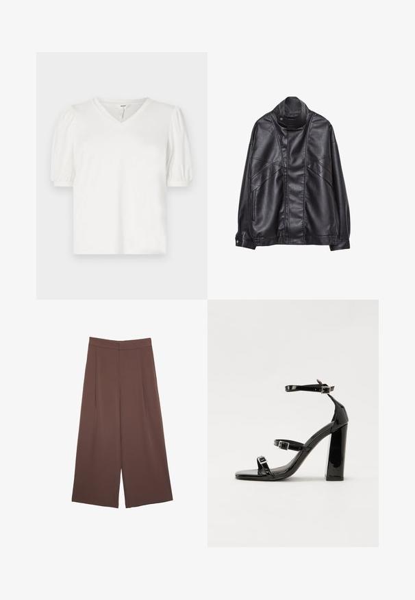 Crna kožna jakna s visokim ovratnikom i snap dugmetom, zip džepovima sa strane i detaljnim šavovima na prednjem dijelu i rukavima.; Bijela majica s V izrezom izrađena od glatkog materijala, s puf rukavima i lagano opuštenim krojem. Jednostavan dizajn bez uzoraka ili naglasaka.; Smeđe hlače širokog kroja s glatkom teksturom, koje imaju visok struk i nabore sprijeda. Tkanina je lagana i slobodno se kreće.; Crne lakirane sandale na pete sa kvadratnim nosom, trakama oko gležnja i srebrnim kopčama. Imaju čvrst blok petu za stabilnost.
