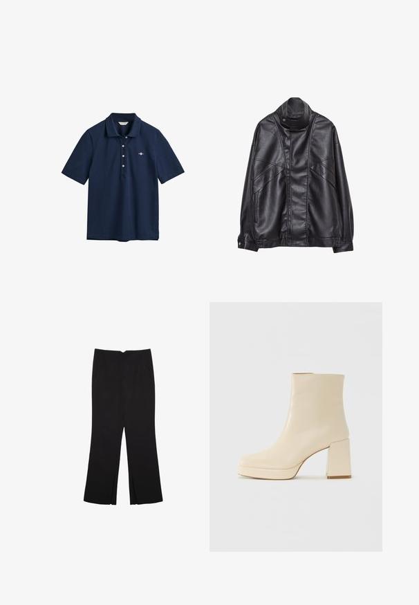 Crna kožna jakna s visokim ovratnikom i snap dugmetom, zip džepovima sa strane i detaljnim šavovima na prednjem dijelu i rukavima.; Tamno plava polo majica napravljena od pamuka, s klasičnim kragnom, placketom sa tri dugmeta i malim logotipom izvezenim na prsima.; Crne hlače ravnog kroja, s prednjim džepovima i bočnim prorezima na rubu. Izrađene od mekog i glatkog materijala. Pogodne za razne prigode.; Bež kožne gležnjače s blok petom i platformom, glatke površine, i lagano kvadratnim vrhom, okrenute lijevo na bijeloj pozadini.