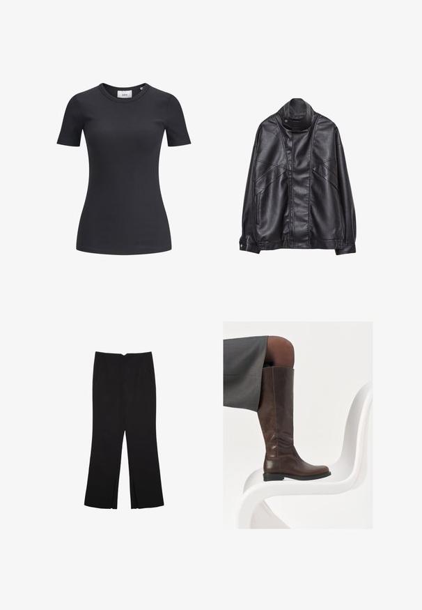 Sort læderjakke med høj krave og trykknap, lynlås lommer på siderne og detaljeret syning på fronten og ærmerne.; Sort ribbet kortærmet t-shirt med rund halsudskæring. Lavet af et blødt, strækbart stof med en subtil tekstur og en tætsiddende silhuet.; Sorte bukser med lige pasform, der har frontlommer og slidser i kanten. Lavet af blødt, glat stof. Velegnet til forskellige anledninger.; Brun læder knæhøj støvle med afrundet tå, glat tekstur og minimale syningsdetaljer, sat mod en lys baggrund på en hvid stol.