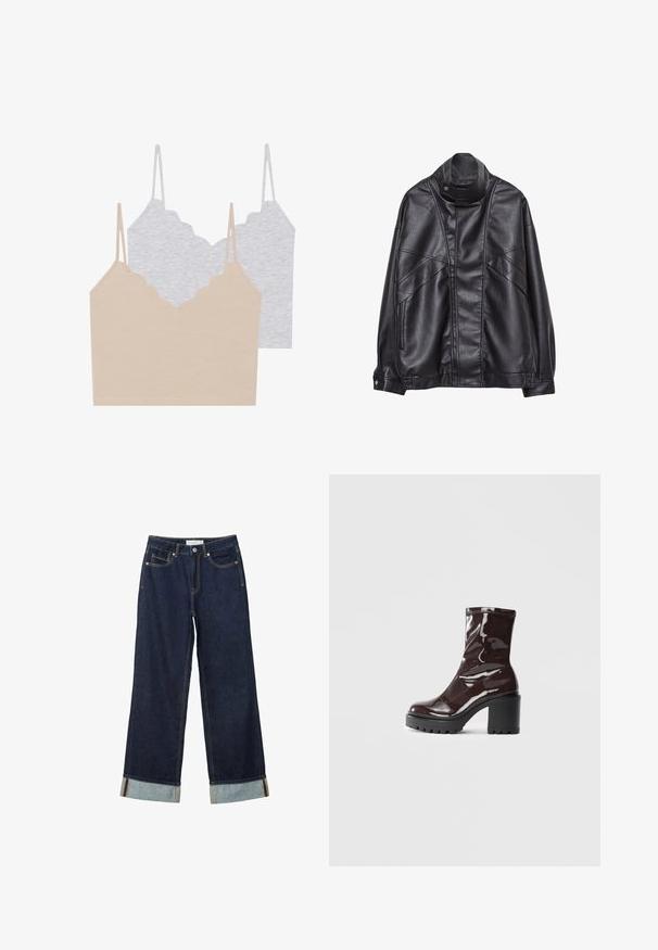 Černá kožená bunda s vysokým límcem a patentkami, zipovými kapsami na bocích a detailním prošíváním na přední části a rukávech.; Dvě tílka: jedno béžové a jedno světle šedé. Obě mají tenké ramínka a vlnkovaný výstřih, vyrobené z měkké, elastické látky.; Tmavě modré kalhoty s širokými nohavicemi a vysokým pasem, s ohrnutými manžetami, kontrastním prošíváním a pěti kapsami. Vyrobené z denimové tkaniny.; Lesklá bordó kotníková bota s masivním černým podpatkem, se hladkým povrchem a jednoduchým designem. Žádné viditelné zapínání ani vzory.