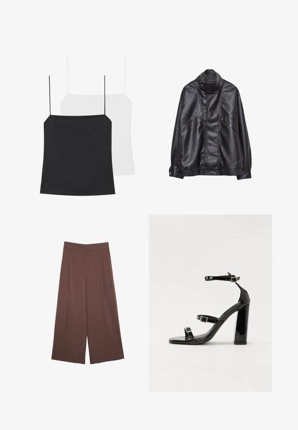 Giacca in pelle nera con collo alto e bottone a scatto, tasche con zip sui lati e cuciture dettagliate sul davanti e sulle maniche.; Sono mostrati due top in stile canotta: uno nero e uno bianco. Entrambi hanno spalline sottili e un design aderente realizzato in un tessuto liscio e elastico.; Pantaloni ampi marroni con una texture liscia, caratterizzati da una vita alta e pieghe frontali. Il tessuto è leggero e scorre liberamente.; Sandali con tacco in vernice nera, con punta squadrata, cinturini alla caviglia e fibbie in argento. Presentano un tacco a blocco spesso per maggiore stabilità.