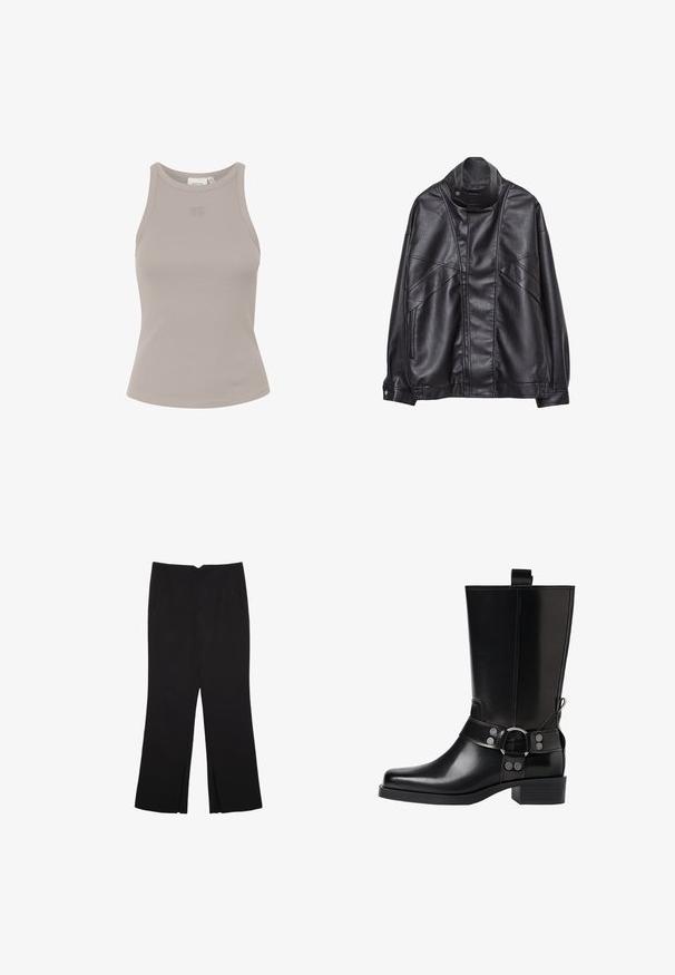 Giacca in pelle nera con collo alto e bottone a scatto, tasche con zip sui lati e cuciture dettagliate sul davanti e sulle maniche.; Top a coste senza maniche di colore grigio chiaro, con scollatura rotonda e un brand discreto sul davanti. Realizzato in un materiale morbido ed elasticizzato.; Pantaloni neri a gamba dritta, con tasche frontali e spacchi laterali all'orlo. Realizzati in tessuto morbido e liscio. Adatti a diverse occasioni.; Stivale in pelle nera alto fino al ginocchio con punta affusolata, dettagli in argento e tacco largo. Presenta un inserto per facilitare l'indossamento.