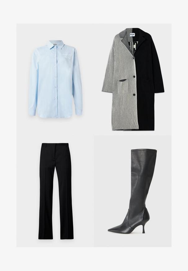 Black and gray vertically striped coat with notch collar, front buttons, and two side pockets. Ribbed texture throughout.; Light blue button-up shirt made of cotton. Features a classic collar, long sleeves, and embroidered detail on the upper left.; Black straight-leg trousers in smooth fabric, featuring a flat front, belt loops, and no visible pockets or embellishments.; Knee-high black leather boots with a pointed toe and a slim stiletto heel. Smooth texture with a fitted design and stitching at the top edge.