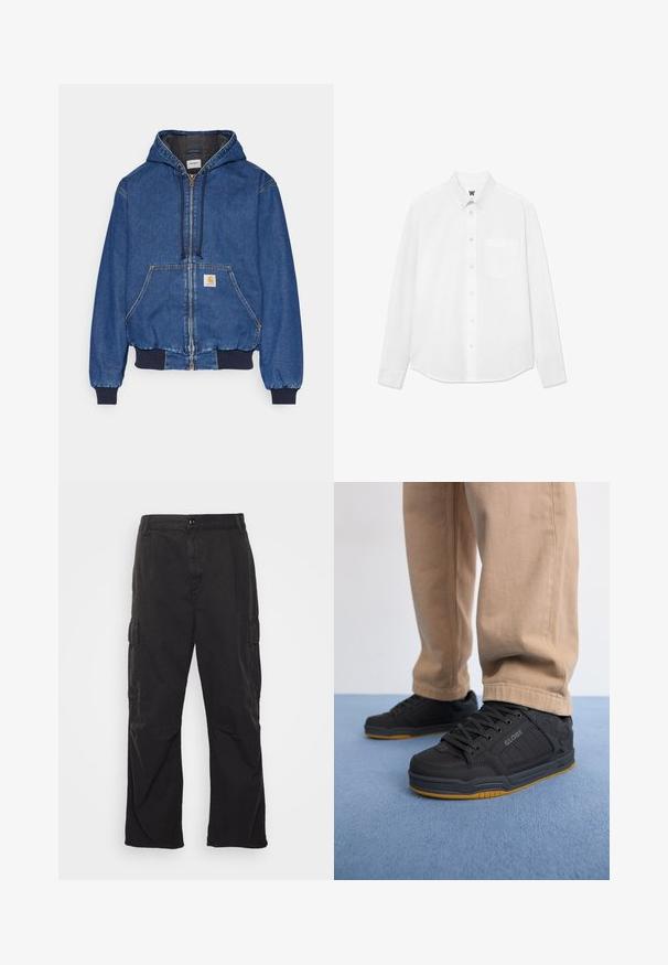 Carhartt WIP ACTIVE JACKET - Jachetă din denim - blue stone washed; Cămașă albă cu mânecă lungă, cu guler, buzunar frontal și textură subtilă. Placa frontală are nasturi și un detaliu mic cu logo.; Pantaloni cargo negri, cu un design drept, având două buzunare laterale, închidere cu buton și un material texturat.; Adidași negri pentru skate, cu un material sintetic texturat, talpă căptușită, șireturi gri și talpă din cauciuc de tip gumă. Purtați cu pantaloni bej deschis.