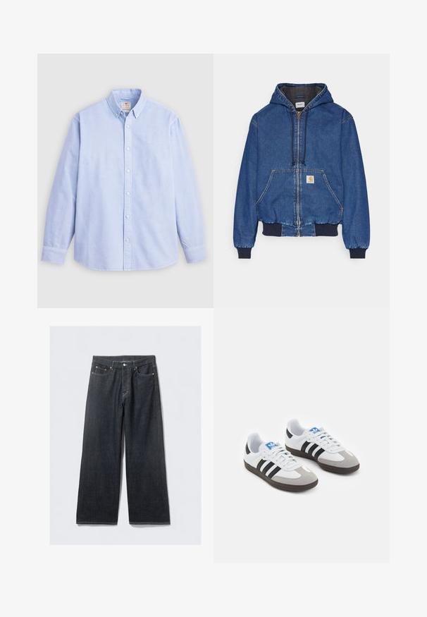 Carhartt WIP ACTIVE JACKET - Denim jacket - blue stone washed; Light blue long-sleeve button-up shirt made of cotton, featuring a classic collar and subtle branded embroidery on the left chest.; Dark denim wide-leg jeans with a high waist, featuring copper-tone rivets and contrast stitching, smooth texture, and no visible patterns.; Sport shoes with a white leather upper, gray suede toe, and three black stripes. Features a blue logo on the tongue and a textured rubber sole.