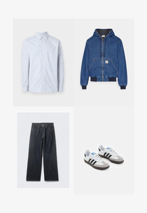 Carhartt WIP ACTIVE JACKET - Jeansjacke - blue stone washed; Langarm-Hemd aus hellblauem und weiß gestreiftem Baumwollstoff, mit einer Brusttasche und einem button-down Kragen.; Weißes Baumwoll-T-Shirt mit einem bedruckten Design eines blauen Autos und eines Baumes in sanften Farben, zentriert auf der Vorderseite über dem Markennamen.; Dunkelblaue, weite Jeans mit hoher Taille, ausgestattet mit Kupfernieten und Kontrastnähten, glatter Textur und ohne sichtbare Muster.; Sportschuhe mit einem Obermaterial aus weißem Leder, grauer Wildleder-Zehenkappe und drei schwarzen Streifen. Sie verfügen über ein blaues Logo auf der Zunge und eine strukturierte Gummisohle.