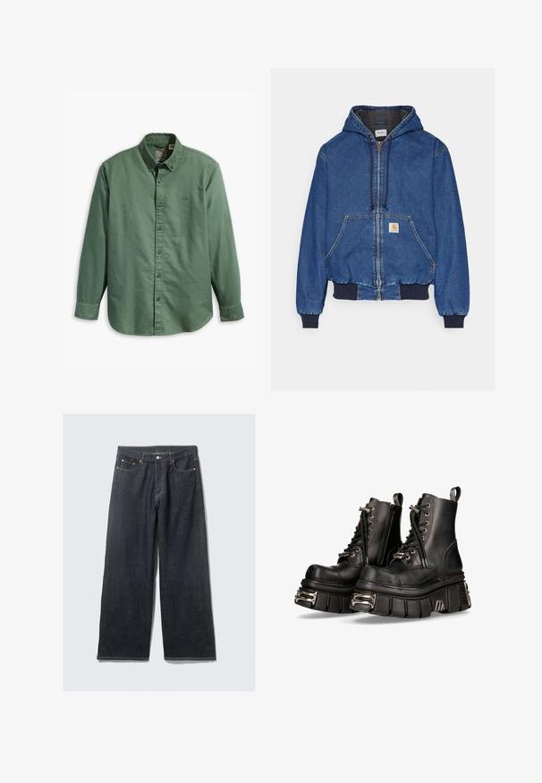 Carhartt WIP ACTIVE JACKET - Cowboyjakker - blue stone washed; Levi's® AUTHENTIC BUTTON DOWN - Skjorter - mill forest; Mørke denim brede bukser med høj talje, der har kontrasterende orange syninger, fem lommer og en frontknaplukning.; Sorte læder ankelstøvler med tykke platformssåler, snørebånd foran, lynlås i siden og metalliske accenter på sålen. Glat tekstur og robust design.