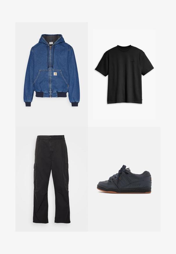 Carhartt WIP ACTIVE JACKET - Traper jakna - blue stone washed; Crna pamučna majica s kratkim rukavima i okruglim izrezom. Ima suptilan logo na prednjoj strani i ravni rub. Jednostavan i minimalistički dizajn.; Crne cargo hlače s ravnim krojem, s dvije bočne džepove, zatvaranjem na dugme i teksturiranim materijalom.; Globe FUSION - Obuća za skateboard - phantom/burnt orange