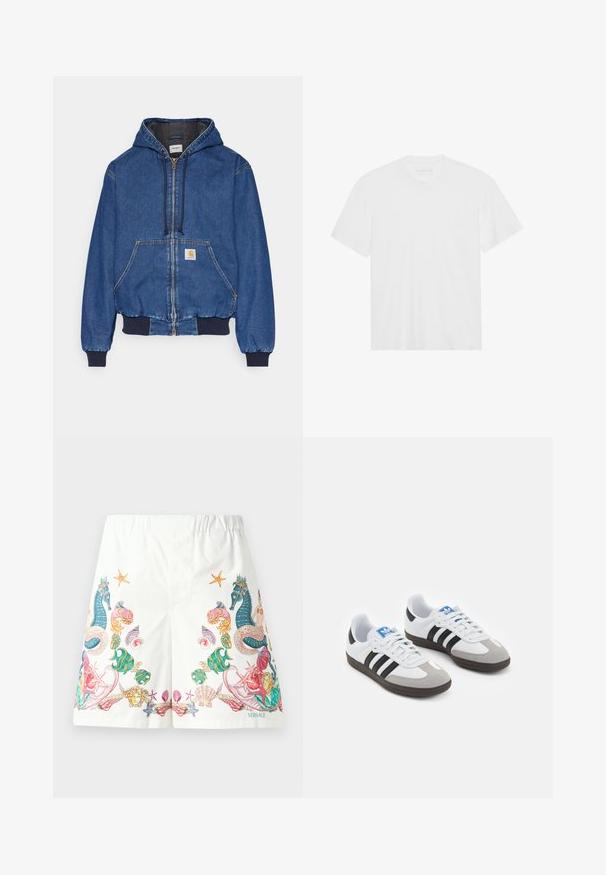 Carhartt WIP ACTIVE JACKET - Jachetă din denim - blue stone washed; Tricou alb din bumbac, cu mâneci scurte, guler rotund și tiv drept. Textură netedă, design minimal, fără modele sau accente.; Bermude albe din material, cu grafica colorată inspirată din ocean, incluzând caluți de mare, cochilii și stele de mare, dotate cu o talie reglabilă prin șnur.; Încălțăminte sport cu un superior din piele albă, vârf din suede gri și trei dungi negre. Prezintă un logo albastru pe limbă și o talpă din cauciuc texturat.