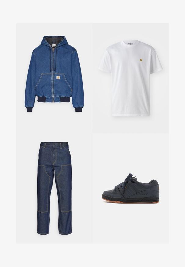 Carhartt WIP ACTIVE JACKET - Denim jacket - blue stone washed; White cotton t-shirt with short sleeves, crew neck, featuring a small gold logo on the left chest area. Soft texture and regular fit.; Dark blue denim jeans with a high waist, straight leg design, contrasting stitching, and patch pockets on the front.; Globe FUSION - Skate shoes - phantom/burnt orange