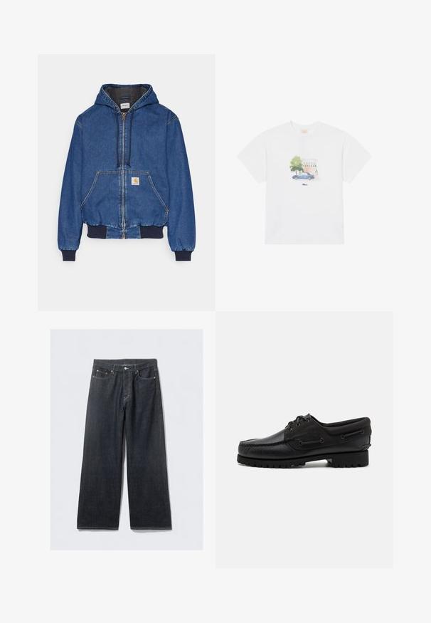 Carhartt WIP ACTIVE JACKET - Jeansjacke - blue stone washed; Weißes Baumwoll-T-Shirt mit einem bedruckten Design eines blauen Autos und eines Baumes in sanften Farben, zentriert auf der Vorderseite über dem Markennamen.; Dunkelblaue, weite Jeans mit hoher Taille, ausgestattet mit Kupfernieten und Kontrastnähten, glatter Textur und ohne sichtbare Muster.; Schwarzer Schuh mit einem Obermaterial aus Leder, textilen Akzenten, runden Schnürsenkeln und einer strukturierten Gummisohle. Verfügt über Mokassin-Nähte und eine Markeninschrift.