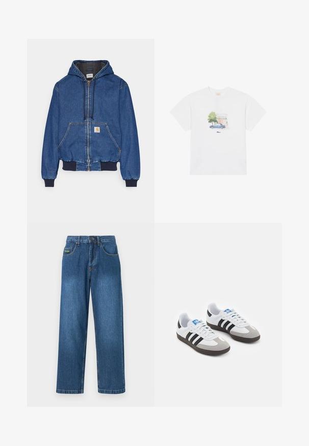 Carhartt WIP ACTIVE JACKET - Traper jakna - blue stone washed; Bijela pamučna majica s printanom dizajnom plavog automobila i drveta u blagim bojama, smještena u središtu prednje strane iznad imena brenda.; Traperice u srednje plavoj boji, s ravnim krojem, pet džepova i naglašenim žutim šavovima.; Sportske cipele s gornjištem od bijele kože, sivi suedinasti nos i tri crne pruge. Imaju plavi logo na jeziku i teksturiranu gumenu podlogu.