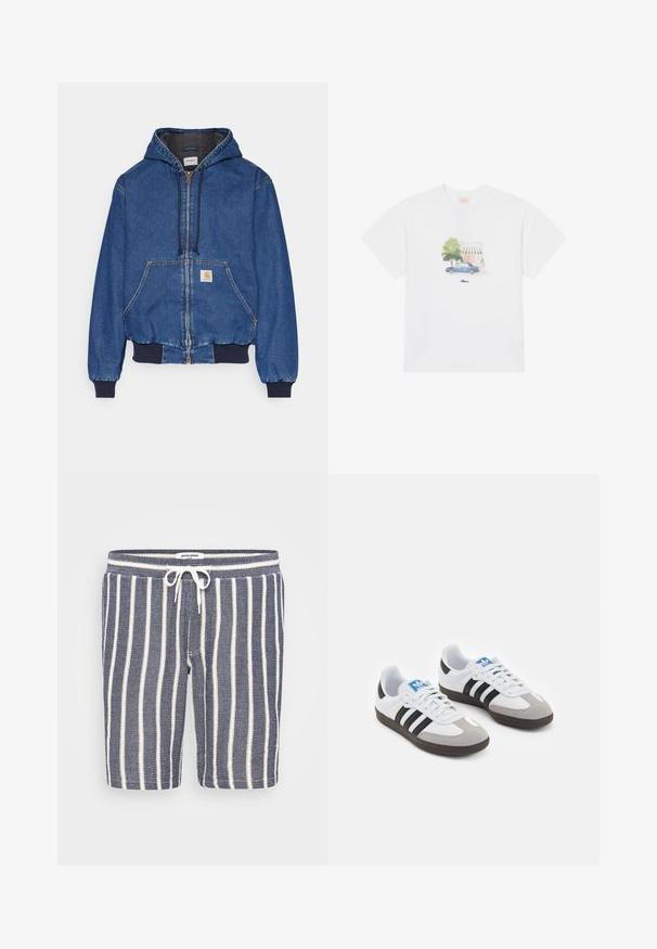 Carhartt WIP ACTIVE JACKET - Cowboyjakker - blue stone washed; Hvid bomulds t-shirt med et trykt design af en blå bil og et træ i bløde farver, centreret foran over brandnavnet.; Blå og hvide stribede shorts lavet af tekstureret stof, med en elastisk talje og snøre. Længden er midt på låret.; Sportsko med en overdel i hvid læder, grå ruskind på tåen og tre sorte striber. Har et blåt logo på tungen og en struktureret gummisål.