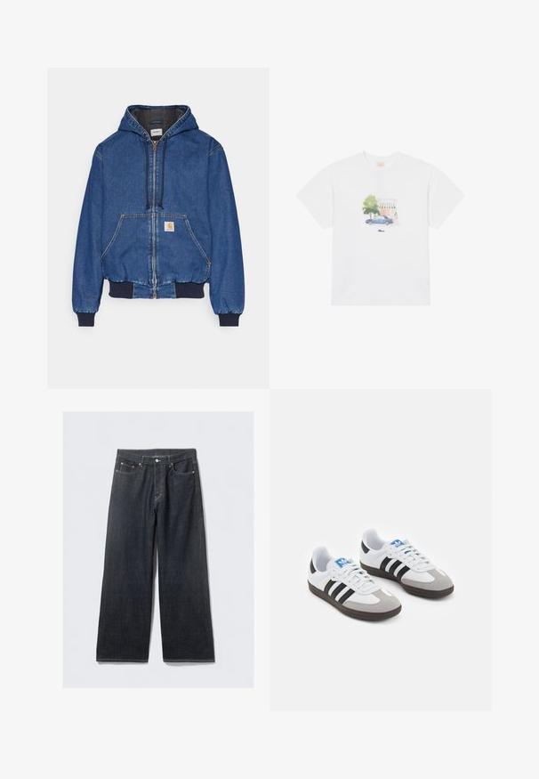 Carhartt WIP - Kurtka jeansowa; Biała bawełniana koszulka z nadrukiem w miękkich kolorach przedstawiającym niebieski samochód i drzewo, umieszczonym na środku przodu, powyżej nazwy marki.; Ciemnoniebieskie dżinsy o szerokim nogawce i wysokim stanie, z mosiężnymi nitami i kontrastowym przeszyciem, gładka tekstura, bez widocznych wzorów.; Buty sportowe z białą skórzaną cholewką, szarym zamszowym noskiem i trzema czarnymi paskami. Posiadają niebieskie logo na języku oraz teksturowaną gumową podeszwę.