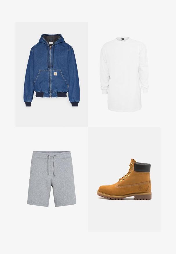 Carhartt WIP ACTIVE JACKET - Spijkerjas - blue stone washed; Witte katoenen t-shirt met lange mouwen, ronde hals, losse pasvorm en ribgebreide manchetten. Eenvoudig ontwerp, geen afbeeldingen of patronen.; Grijze katoenen shorts met een elastische tailleband en een verstelbaar koord. Voorzien van zijzakken en een klein logo op het voorkant van het linkerbeen.; Tan suède enkelboot met zwart gevoerd kraagje, gouden metalen oogjes, witte stikdetails en een robuuste rubberen zool met uitgesproken profiel.