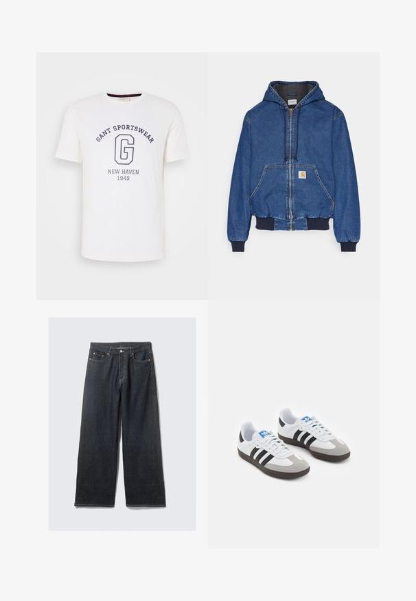 Carhartt WIP ACTIVE JACKET - Veste en jean - blue stone washed; T-shirt en coton blanc avec un col rond, des manches courtes et un texte imprimé bleu marine : "GANT SPORTSWEAR," "NEW HAVEN," et "1949."; Jean large en denim foncé avec taille haute, présentant des coutures orange contrastantes, cinq poches et une fermeture à bouton avant.; Baskets avec une tige en cuir blanc, un bout en daim gris et trois bandes noires. Présente un logo bleu sur la languette et une semelle en caoutchouc texturée.