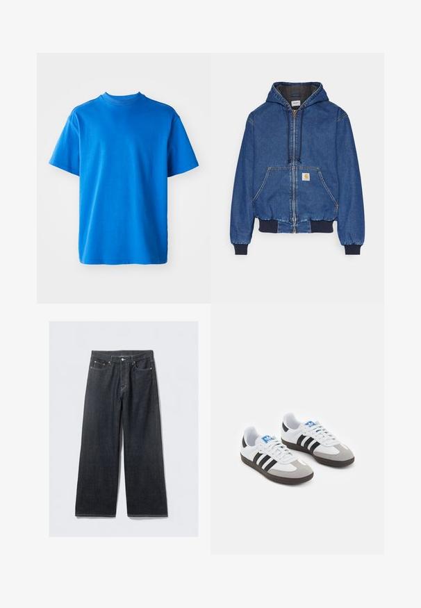 Carhartt WIP ACTIVE JACKET - Džinsa auduma jaka - blue stone washed; Zila kokvilnas T-krekls ar apaļu kaklu, īsām piedurknēm un brīvu siluetu. Gluda tekstūra un vienkāršs dizains bez ornamentiem vai akcentiem.; Tumši džinsu platmalu bikses ar augsto jostasvietu, ar vara tonī krāsu kniedēm un kontrastējošu šuvumu, gluda tekstūra un bez redzamām rakstu apdrukām.; Sporta apavi ar balto ādas virsu, pelēku zamšādas purngalu un trim melnām svītrām. Iezīmē zilu logotipu uz mēles un teksturētu gumijas zoli.