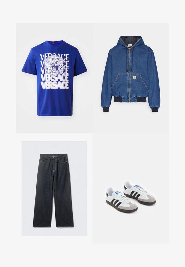 Carhartt WIP ACTIVE JACKET - Τζιν μπουφάν - blue stone washed; Μπλε βαμβακερό μπλουζάκι με χαρακτηριστική λευκή γραφική παράσταση της Μέδουσας και επαναλαμβανόμενο κείμενο "VERSACE". Κλασικός σχεδιασμός με στρογγυλή λαιμόκοψη και κοντά μανίκια.; Σκούρα τζιν παντελόνια με φαρδιά γραμμή και ψηλή μέση, διαθέτουν ριγέ κούμπωμα σε χαλκό και αντίθετες ραφές, λεία υφή και χωρίς ορατά σχέδια.; Αθλητικά παπούτσια με άσπρη δερμάτινη πάνω επιφάνεια, γκρι σουέτ μύτη και τρεις μαύρες ρίγες. Διαθέτουν μπλε λογότυπο στη γλώσσα και υφασμένο καουτσούκ σόλα.
