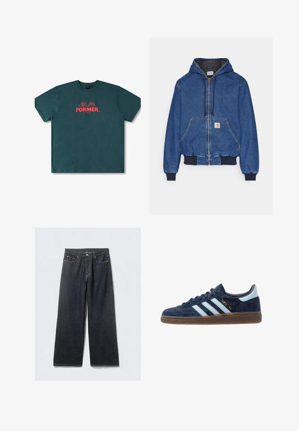 Carhartt WIP ACTIVE JACKET - Spijkerjas - blue stone washed; Teal katoenen T-shirt met korte mouwen, een ronde hals en een centrale grafische afbeelding met de tekst "FORMER." en speelse karakters in het rood.; Donkerdenim wijd uitlopende jeans met een hoge taille, voorzien van koperkleurige klinknagels en contraststiksels, een gladde textuur en geen zichtbare patronen.; Marineblau suede Adidas sneaker met lichtblauwe strepen, gumzool, lichtblauw hielstuk en gouden "Spezial" branding aan de zijkant.