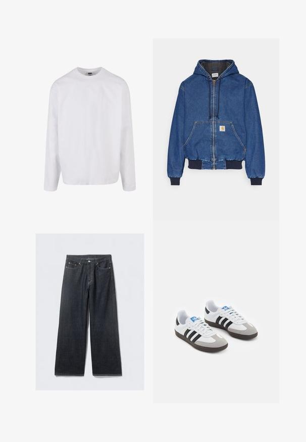 Carhartt WIP ACTIVE JACKET - Cowboyjakker - blue stone washed; Langærmet hvid bomulds T-shirt med rund hals, afslappet pasform og ingen synlige mønstre eller accenter. Glat tekstur.; Mørke denim brede bukser med høj talje, med kobberfarvede nitter og kontrastsyning, glat tekstur og uden synlige mønstre.; Sportsko med en overdel i hvid læder, grå ruskind på tåen og tre sorte striber. Har et blåt logo på tungen og en struktureret gummisål.