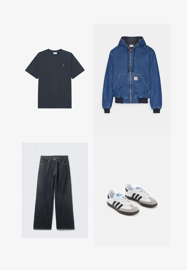 Carhartt WIP ACTIVE JACKET - Denim jacket - blue stone washed; Dark gray cotton t-shirt with short sleeves, crew neckline, featuring a small white "II" printed on the left chest.; Dark denim wide-leg jeans with a high waist, featuring copper-tone rivets and contrast stitching, smooth texture, and no visible patterns.; Sport shoes with a white leather upper, gray suede toe, and three black stripes. Features a blue logo on the tongue and a textured rubber sole.