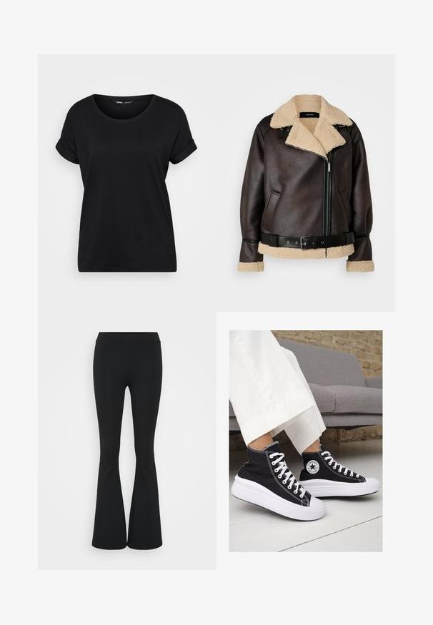 Vero Moda Tall VMJOANNA JACKET - Bunda z umělé kůže - chocolate torte/silver mink; Černé tričko s krátkým rukávem vyrobené z měkké bavlny. Má kulatý výstřih a ohrnované rukávy, s volným střihem. Jednoduchý a univerzální design.; Černé zvonové kalhoty vyrobené z elastického materiálu, s vysokým pasem a hladkou texturou. Kalhoty se rozšiřují od kolene.; Černé vysoké plátěné tenisky s bílými gumovými podrážkami a tkaničkami. Na boku mají kulaté logo a kontrastní bílé švy.