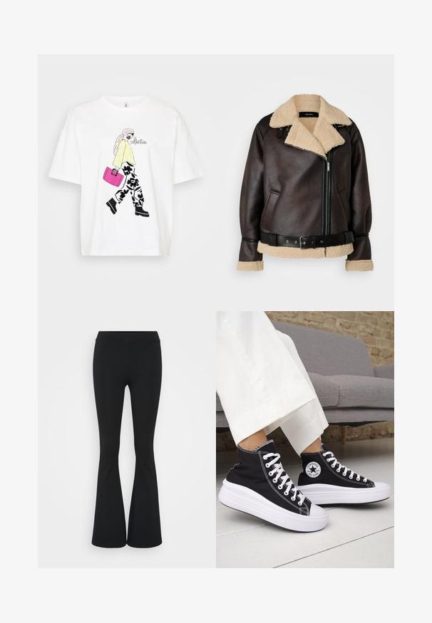 Vero Moda Tall VMJOANNA JACKET - Faux leather jacket - chocolate torte/silver mink; White T-shirt featuring a graphic of a figure in a yellow sweater and floral pants, carrying a pink bag. Black accents add detail.; Black flared pants made of stretchy fabric, featuring a high waistband and a smooth texture. The pants flare out from the knee.; Black high-top sneakers with white rubber soles and laces. Features a round logo patch and contrasting white stitching. Canvas material.