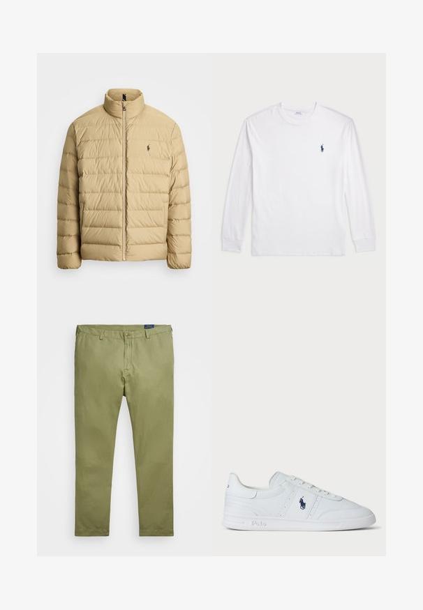 Bež jakna od puffer materijala s visokim kragnom, kvadratnim dizajnom, prednjim zatvaračem i malim logotipom na lijevom prsnom dijelu. Lagani materijal.; Bijela majica dugih rukava od pamuka. Ima okrugli izrez, rebraste manšete i mali logo u mornarskoplavoj boji na lijevoj strani grudi.; Maslinasto zelene pamučne chinos hlače ravnog kroja, s patentnim zatvaračem i jednim prednjim dugmetom. Lagana tekstura i jednostavan dizajn.; Bijela kožna tenisica s glatkom teksturom, koja ima vezanje na vezice, mornarsku oznaku sa strane i izdržljiv gumeni đon.