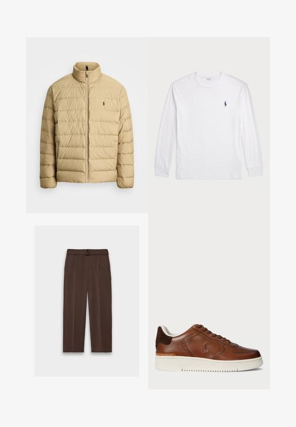 Veste matelassée beige avec un col haut, un design capitonné, une fermeture zippée à l'avant et un petit logo sur la poitrine gauche. Matériau léger.; T-shirt blanc à manches longues en coton. Il présente un col rond, des poignets côtelés et un petit logo polo bleu marine sur la poitrine gauche.; Pantalon marron avec une ceinture, présentant une taille haute, un devant plissé et des poches latérales ; fabriqué en tissu lisse et texturé.; Baskets en cuir avec un upper marron, des accents perforés et une languette contrastante en brun foncé. Semelle en caoutchouc blanche et design classique de laçage.