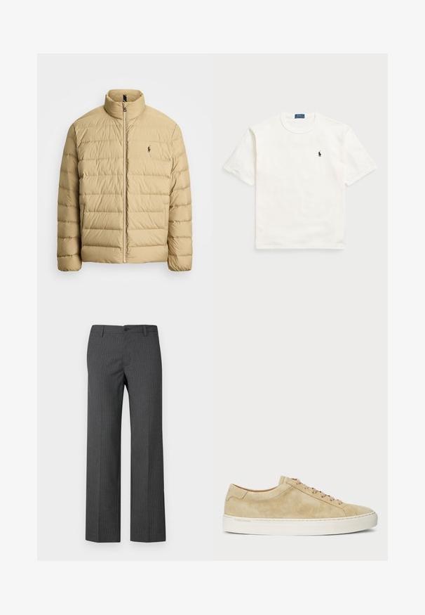 Beige puffertöltött dzseki magas gallérral, steppelt kialakítással, elülső cipzárral és egy kis logóval a bal mellkasán. Könnyű anyag.; Fehér pamut póló rövid ujjakkal, klasszikus kerek nyakkivágással és egy kis fekete hímzett logóval a bal mellrészen.; Szürke csíkos nadrág, ami finom anyagból készült, egyenes lábbal, elülső zsebekkel és gombbal záródó derékrésszel.; Bézs suede tornacipők alacsony profillal, kerek orral és bézs fűzőkkel. Jellemzőjük a fehér gumitalp és a diszkrét logó az oldalukon.