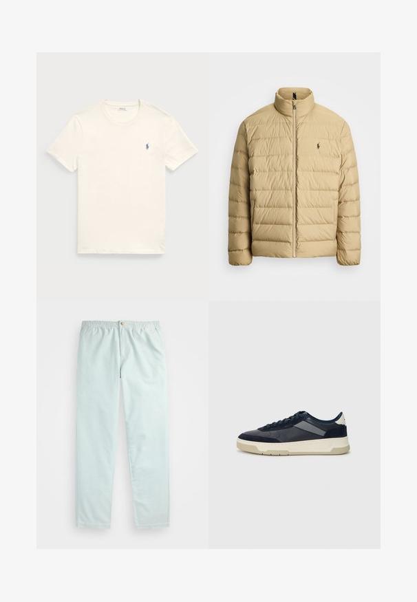 Casaco puffer bege com gola alta, design acolchoado, fecho frontal em zíper e um pequeno logo no lado esquerdo do peito. Material leve.; T-shirt de algodão creme com decote redondo e mangas curtas. Apresenta um pequeno logótipo azul bordado no lado esquerdo do peito.; Calças azul claro, de corte descontraído, com um cós elástico, apresentando bolsos laterais e um fecho de botão único na frente.; BOSS BALTIMORE - Sapatilhas - open blue