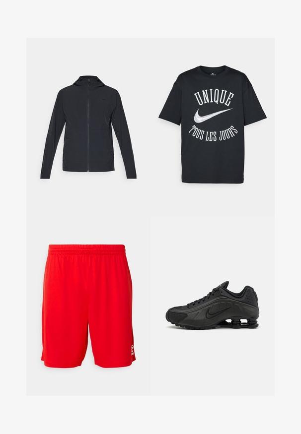 Černá bunda na zip s kapucí, má dlouhé rukávy a hladký, lehký materiál; obsahuje malé logo na hrudi.; Černé bavlněné tričko s bílým textem "UNIQUE TOUS LES JOURS" a stříbrným logem Nike. Klasický design s kulatým výstřihem a krátkými rukávy.; Červené sportovní šortky vyrobené z lehkého materiálu, s elastickým pasem, hladkou texturou a logem umístěným v pravém dolním rohu.; Černé běžecké boty s hladkým syntetickým svrškem, perforovanými akcenty, texturovanými bočními panely a výraznou pružnou podrážkou.