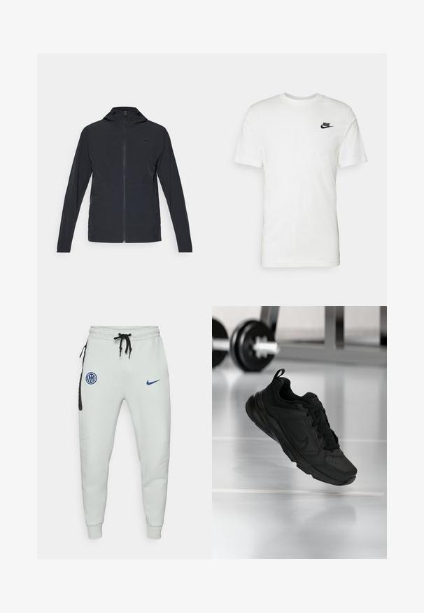 Jachetă neagră cu fermoar și glugă, având mâneci lungi și un material ușor, neted; include un mic logo pe piept.; Tricou alb din bumbac cu mâneci scurte, decolteu rotund și un logo Nike negru în zona stângă a pieptului. Textură netedă și croială clasică.; Pantaloni de jogging gri deschis, dintr-o țesătură moale, cu un buzunar de accent negru, insigne cu logo albastru, talie ajustabilă cu șnur și mansete ajustate.; Pantofii sport negri au un upper din piele fină, vârf rotund, șireturi în față și un guler căptușit pentru confort. Prezentati pe un fundal de sală de sport.