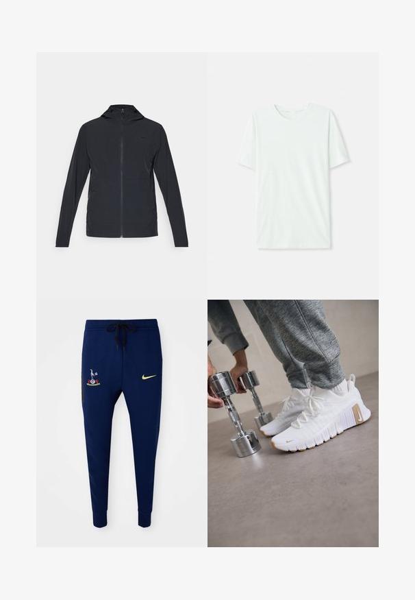 Musta vetoketjullinen takki hupulla, jossa on pitkät hihat ja sileä, kevyt kangas; sisältää pienen logon rinnassa.; Vihreä mintun värinen lyhythihainen t-paita, joka on valmistettu pehmeästä kankaasta. Siinä on pyöreä kaula-aukko ja yksinkertainen, suora leikkaus ilman koristeita.; Laivastonsiniset collegehousut, joissa on kirjailtu logo vasemmalla ylhäällä jalassa ja pieni keltainen Nike-merkki oikealla alhaalla jalassa.; Valkoiset urheilukengät, joissa on teksturoitu päällinen, tasainen kumipohja ja vaaleanruskeita yksityiskohtia. Hopeiset käsipainot etualalla. Harmaat verkkarit näkyvissä.
