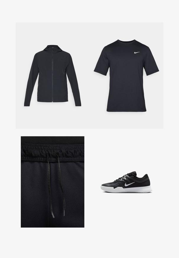 Black zip-up jacket with a hood, featuring long sleeves and a smooth, lightweight fabric; includes a small logo on the chest.; Black short-sleeve Nike t-shirt made of smooth fabric, featuring a white swoosh logo on the upper left side, crew neckline.; Black athletic shorts with a textured fabric, elastic waist, and drawstring. Details include black drawcord with metal aglets.; Black athletic shoe with a textured upper, white Nike swoosh, and a white rubber outsole. Features a lace-up design and dynamic shape.