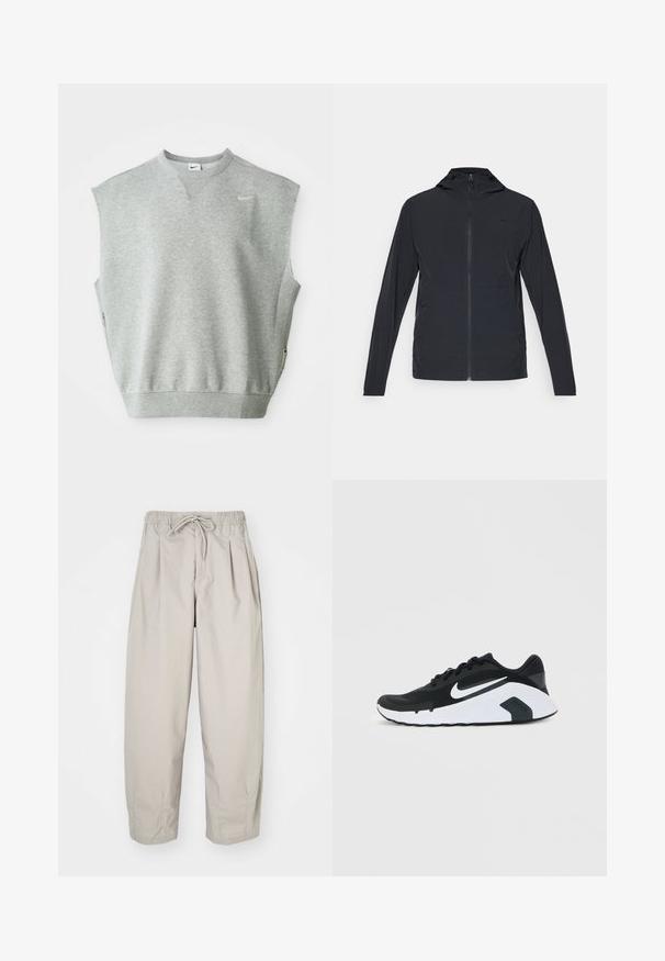 Černá bunda na zip s kapucí, má dlouhé rukávy a hladký, lehký materiál; obsahuje malé logo na hrudi.; Šedý bezrukávový svetr s kulatým výstřihem, měkkou texturou a bočními zipy. Na horním levém rohu se nachází malé logo Nike.; Béžové, lehké kalhoty s elastickým pasem a šňůrkou na stažení. Mají sklady a volný střih, vyrobené z měkké, hladké látky.; Černo-bílá běžecká obuv Nike s bílým logem swoosh, šněrovací design a polstrovaná podrážka, zobrazená z boku na jednobarevném pozadí.