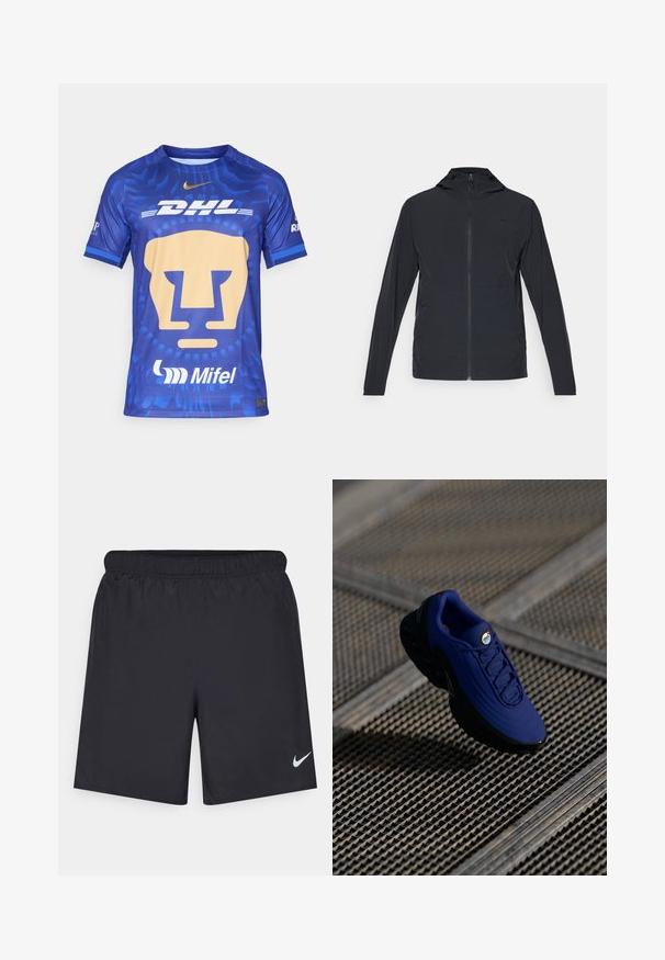 Melns zip-up džemperis ar kapuci, ar garām piedurknēm un gludu, vieglu audumu; satur nelielu logotipu uz krūšu.; Zils T-krekls ar īsām piedurknēm, uz kura attēlots liels stilizēts lauvu sejas attēls zeltā, ar DHL un Mifel logotipiem, teksturēta auduma un apaļu kakla izgriezumu.; Melnas sporta šorti, izgatavoti no viegla materiāla, ar elastīgu jostu. Uz apakšējā kreisā stūra ir neliels balts Nike logo.; Zila sporta kurpe ar teksturētu virsotni, melnu zoli un auklām. Uz mēles ir "gaisa" zīmols, kā arī redzami gaisa amortizācijas elementi.