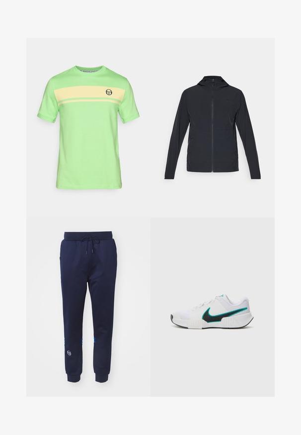 Melns zip-up džemperis ar kapuci, ar garām piedurknēm un gludu, vieglu audumu; satur nelielu logotipu uz krūšu.; Gaiši zaļš kokvilnas T-krekls ar dzeltenām horizontālām svītrām un mazu tumši zilu logo uz krūšu daļas. Klasiska kakla izgriezums un īsās piedurknes.; Jūras zila sporta bikses, izgatavotas no gludas auduma, ar diegu jostu un zilām akcentu svītrām pie manšetēm, ar logotipa detaļu tuvāk apakšmalai.; Baltas sporta apavu modelis ar teksturētu sieta augšdaļu, melnu gumijas zoli un tīkkoka Nike swoosh akcentu. Ar pīkstienēm un mīkstu apkaklīti.