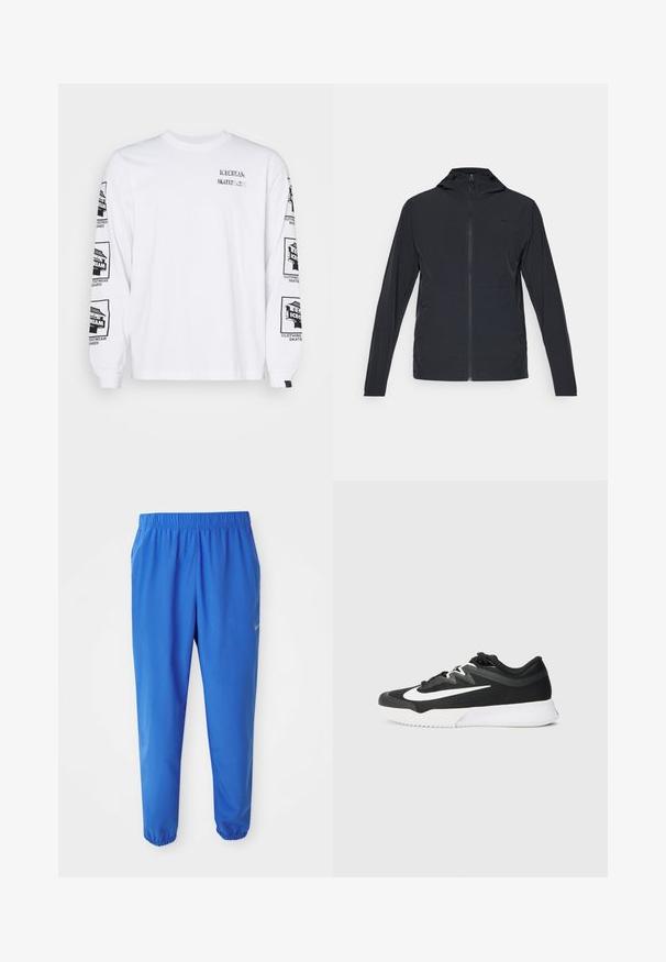 Melns zip-up džemperis ar kapuci, ar garām piedurknēm un gludu, vieglu audumu; satur nelielu logotipu uz krūšu.; Balta garām piedurknēm T-krekls, izgatavots no kokvilnas, ar melniem grafikajiem printiem uz abām piedurknēm un priekšpuses, ar ribotu aproču detaļām.; Zili zili svārki ar elastīgu jostasvietu, taisnas kāju dizainu un sašaurinātām piedurknēm. Ar Nike zīmolu zeltā kreisajā pusē.; Melnas sporta kurpes ar strukturētu augšējo daļu, baltu Swoosh logotipu, ar auklēm, un gumijas zoli ar rakstainu profilu.