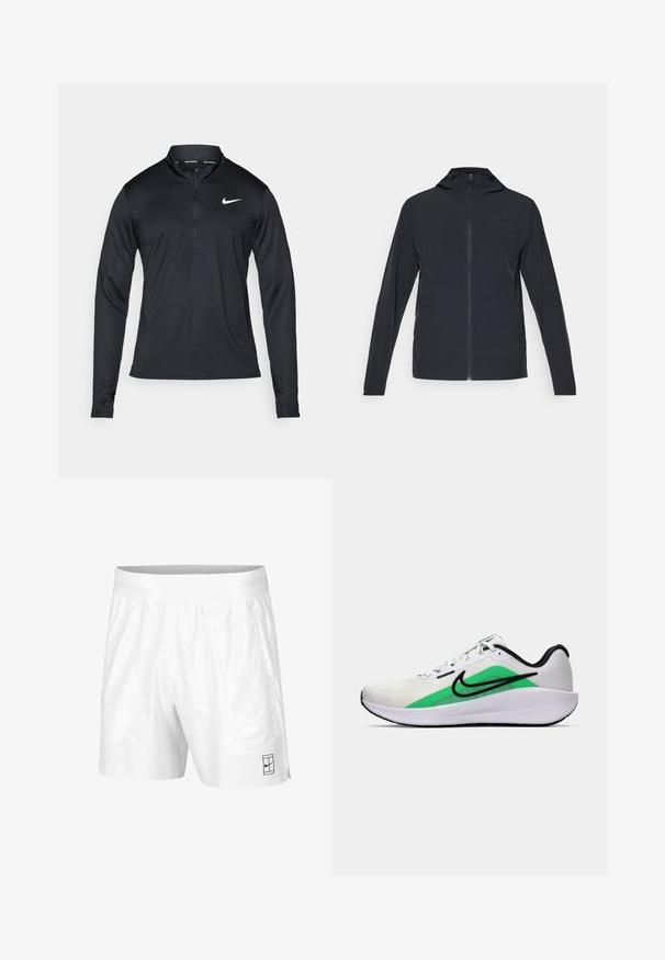 Černá bunda na zip s kapucí, má dlouhé rukávy a hladký, lehký materiál; obsahuje malé logo na hrudi.; Černé sportovní tričko s dlouhým rukávem a polo zipem, vyrobené z hladké tkaniny, s bílým logem Nike na levé části hrudi.; Bílé sportovní šortky vyrobené z lehkého materiálu s elastickým pasem, mají dvě boční kapsy a malé černé logo na lemu.; Bílé sportovní tenisky s zeleným akcentem, černým logem, síťovinovým svrškem, polstrovanou podešví a zaobleným podpatkem. Mají tkaničky a kontrastní detaily.