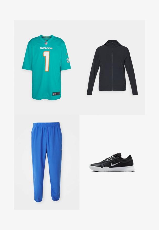 Čierna bunda na zips s kapucňou, s dlhými rukávmi a hladkým, ľahkým materiálom; obsahuje malé logo na hrudi.; Dres Miami Dolphins v tehlovej farbe s oranžovými detailami, obsahujúci číslo "1" v bielej farbe. Vyrobený z ľahkej tkaniny s krátkymi rukávmi a bočnými sieťovinami.; Modré športové nohavice s elastickým pásom, priame nohy s užšími manžetami. Na ľavej strane je zlaté logo Nike.; Čierna športová topánka s textúrovaným zvrškom, bielym logom Nike a bielou gumovou podrážkou. Má šnurovací dizajn a dynamický tvar.