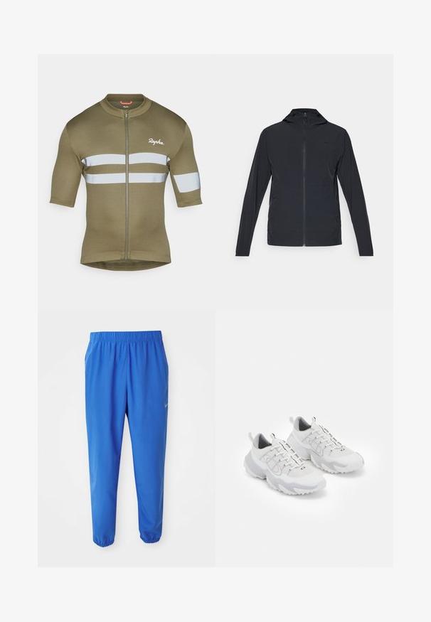 Veste noire zippée avec capuche, dotée de manches longues et d'un tissu lisse et léger ; comprend un petit logo sur la poitrine.; Maillot de cyclisme vert olive à manches courtes, avec une fermeture éclair à l'avant et deux bandes réfléchissantes horizontales. Fabriqué en tissu doux et léger.; Pantalon de sport bleu avec taille élastique, design à jambe droite et poignets resserrés. Présente le logo Nike en or sur le côté gauche.; Chaussures de sport blanches avec une tige en mesh, des accents gris, une semelle en caoutchouc texturée et des languettes à l'arrière ; elles affichent un design à lacets.