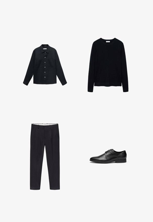 Temno modra, dolg rokav, majica iz teksturirane tkanine z gumbi spredaj, ravnim ovratnikom in dvema žepoma na prsih.; Črna rebrasta dolga majica s dolgimi rokavi in okroglim izrezom ter subtilno teksturo. Zaprti manšeti in rob dodajata strukturo oblikovanju.; Mango Hlače za moške obleke - royal blue; Črne usnjene čevlje za oblačenje z gladko teksturo, zaobljenim nosom in zasnovo z vezalkami na štirih očeh. Imajo nizek vpregni peta in šite detajle.