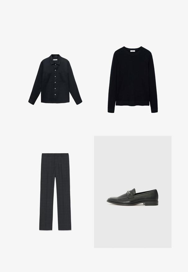 Tmavě modrá, dlouhá košile s dlouhým rukávem vyrobená z texturované látky, s knopkovou přední částí, rovný límeček a dvě náprsní kapsy.; Černý žebrovaný svetr s dlouhým rukávem a kulatým výstřihem, s jemnou texturou. Uzavřené manžety a spodní lem přispívají k jeho strukturovanému designu.; Tmavě šedé kostkované kalhoty na míru s poutky na opasek, rovnými nohavicemi a záhybem vpředu na bílém pozadí.; Černé kožené mokasíny s hladkým povrchem, s prošívaným designem a dekoračním kovovým řetízkem přes nárt. Plochý podpatek.