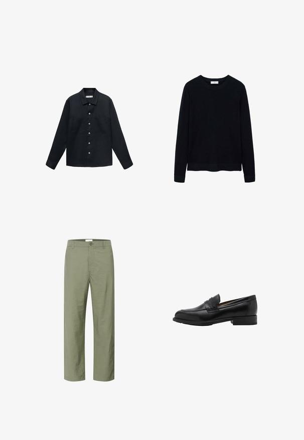 Tamno plava, košulja dugih rukava od teksturiranog materijala s dugmadi sprijeda, ravnim kragnama i dvije džepove na prsima.; Crni rebrasti pulover dugih rukava s okruglim izrezom i suptilnom teksturom. Zatvoreni manžeti i porub doprinose njegovom strukturiranom dizajnu.; Svijetlo maslinasto zelene hlače od glatkog, laganog materijala. Imaju prednje kopčanje na dugme i klasični ravni kroj.; Crne kožne loafers c revama sprijeda i ravnim potplatom. Glatka tekstura s okruglim vrhom i ukrasnom trakom preko instep-a.