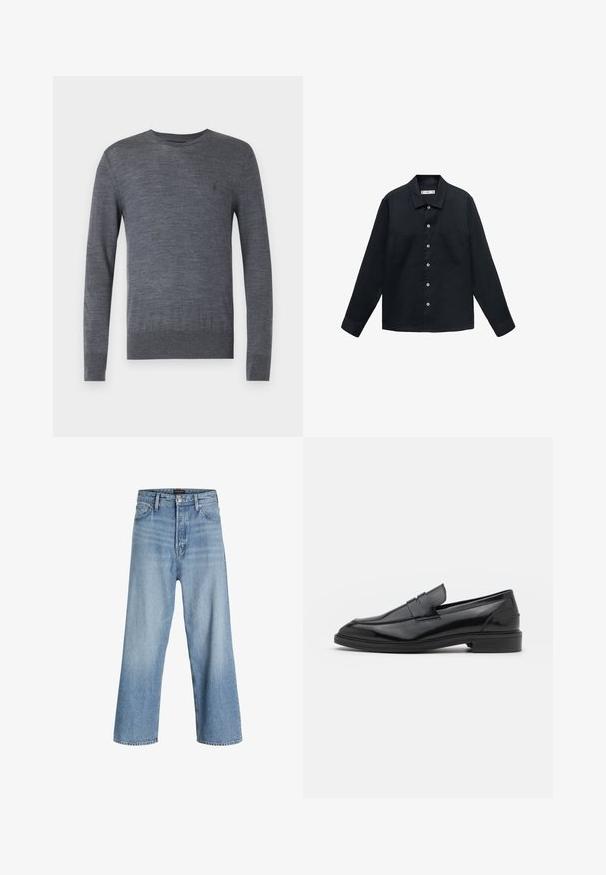 Donkerblauwe, lange mouwen shirt van gestructureerde stof met een knoopsluiting aan de voorkant, rechte kraag en twee borstzakken.; AllSaints MODE CREW - Trui - smith blue; Lichtblauwe wijdvallende jeans van denim, met een hoge taille, klassieke vijf-pocketontwerp en knoopsluiting met ritssluiting.; Zwarte leren instappers met een gladde afwerking, voorzien van een ronde neus en een smalle band over de bovenkant. Lage gestapelde hak.