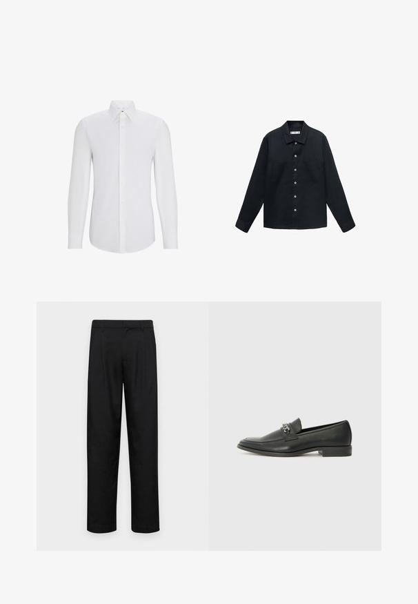 Temno modra, dolg rokav, majica iz teksturirane tkanine z gumbi spredaj, ravnim ovratnikom in dvema žepoma na prsih.; Dolga rokav obleka bela s satenastim ovratnikom, sprednjim gumbom, gladko teksturo in prilegajočim krojem. Brez vzorcev ali okraskov.; Črne hlače iz gladkega materiala, s krojem ravne noge, dvema sprednjima pregiboma in standardnim pasom z zankami za pas.; Črni usnjeni loafer z gladko površino, ki ima šivano zasnovo in dekorativni kovinski verižni naglas preko vampirja. Ravno peto.